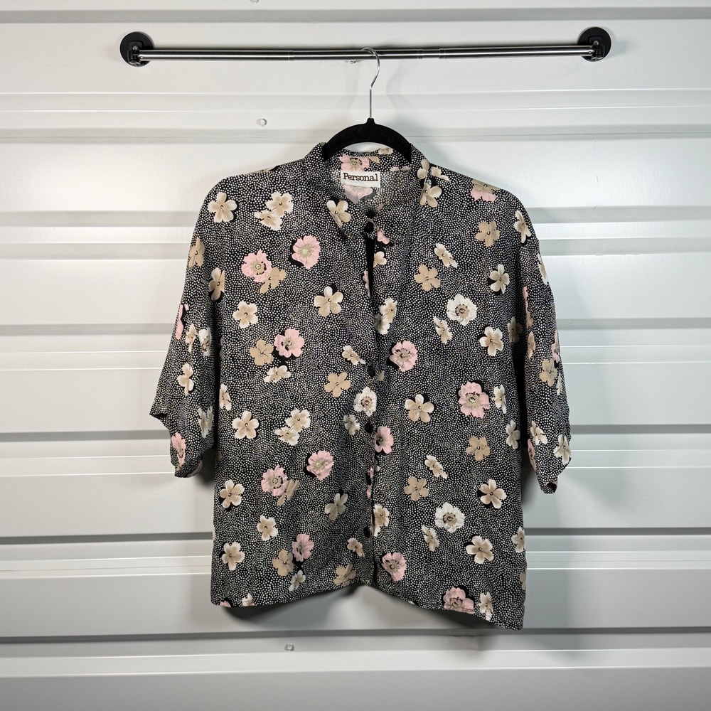 Personal Vintage Floral Polka Dot Button Up Shirt Black Pink Short Sleeve Blouse